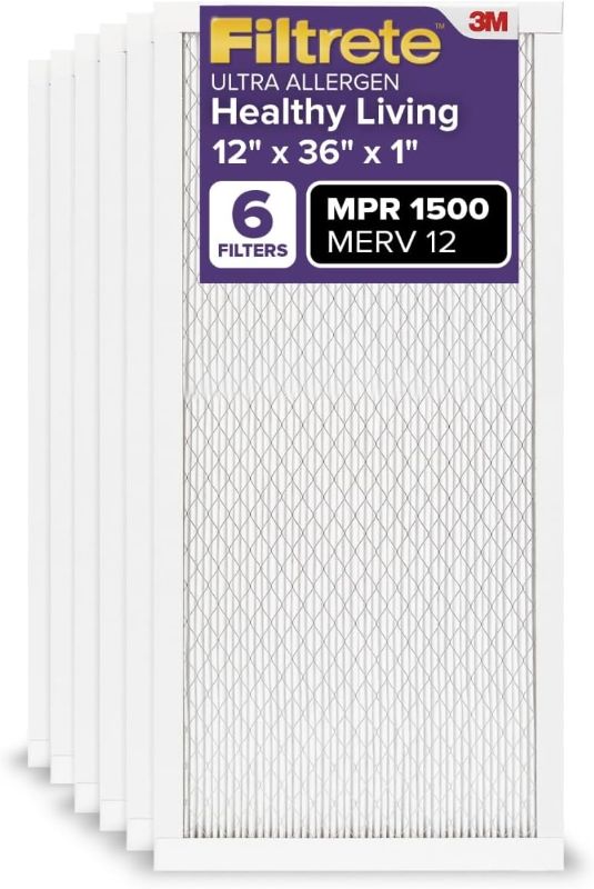 Photo 1 of Filtrete 12x36x1 AC Furnace Air Filter, MERV 12, MPR 1500, CERTIFIED asthma & allergy friendly, 3 Month Pleated 1-Inch Electrostatic Air Cleaning Filter, 6-Pack (Actual Size 11.69x35.69x0.78 in)
