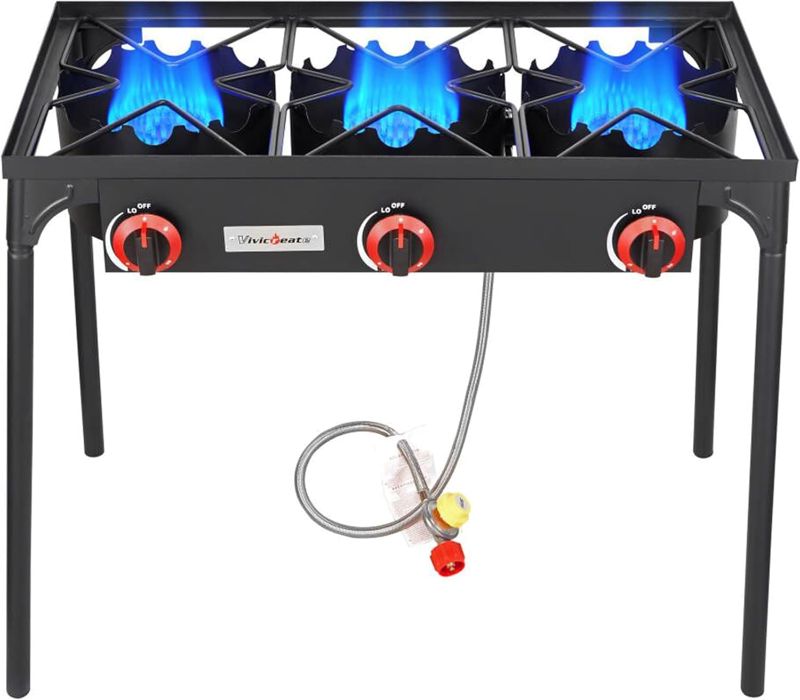 Photo 1 of Vivicreate 3 Burner High pressure Propane Stove, 28 Inch Tall Camping Stove with cast iron burner 105000 BTU power, Stable Legs for Outdoor Use
