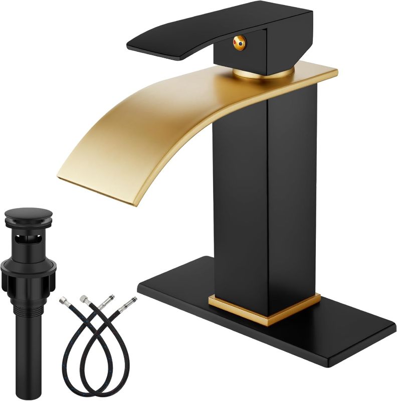Photo 1 of Midanya Bathroom Sink Faucet Single Handle Suitable for 1 or 3 Holes with Deck Plate and Pop-Up Drain,Waterfall Bathroom Faucets for Vanity,Basin,Rv,Lavatory Sink,Brushed Gold Spout/Matte Black
