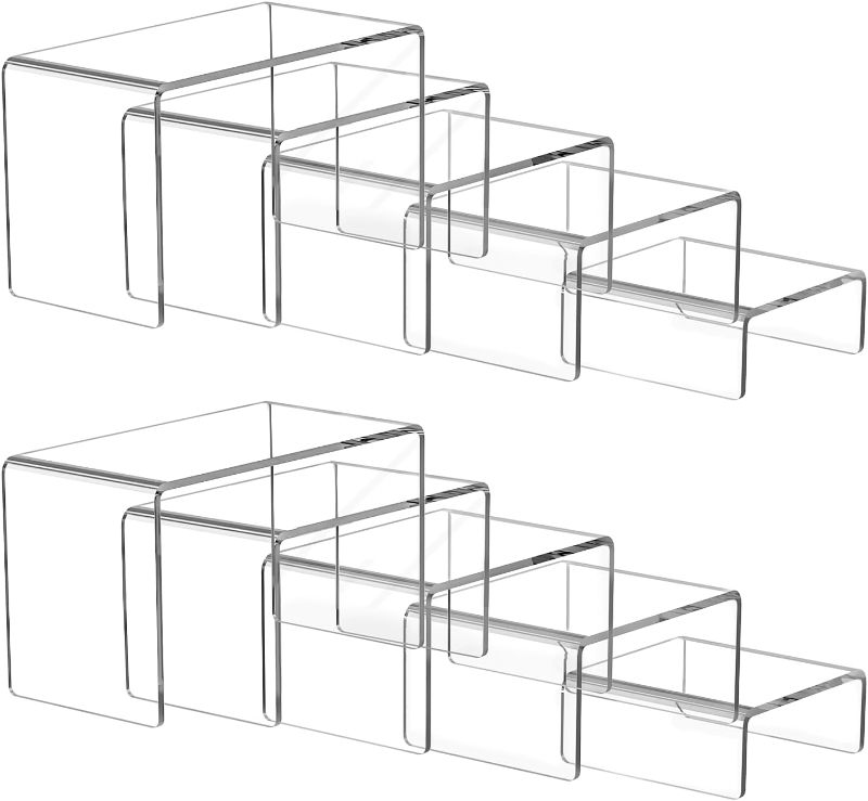 Photo 1 of Ouskr Acrylic Risers for Display, 10 Pcs Acrylic Display Riser, Clear Display Stands for Shelf Dessert Cupcake Candy Food Tabletop Collectibles Product Bar Action Figure Jewelry Showcase (3-4-5-6 In)
