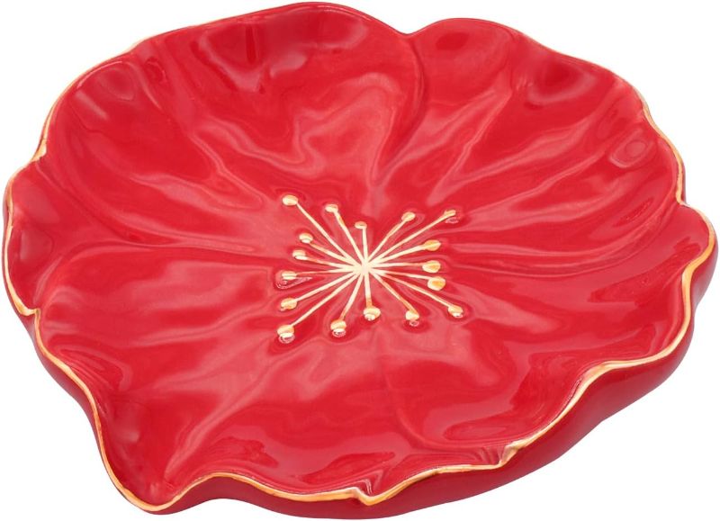 Photo 1 of Ceramic Self Draining Soap Dish Red Hibiscus Flower Waterfall Soap Dish Soap Savers for Bathroom,Shower,Bar Counter
