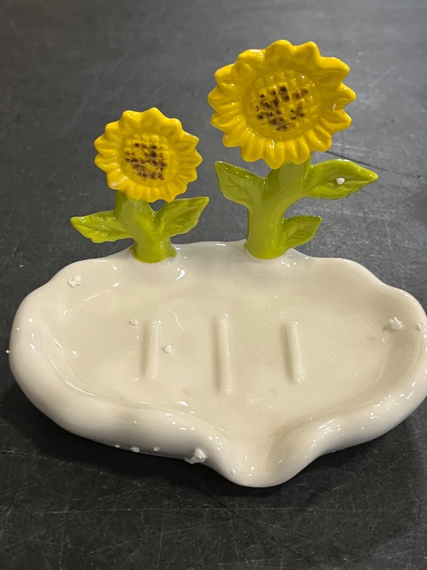 Photo 1 of WAIT FLY Lovely Flower Soap Holder Ceramic Soap Dish Self Draining Soap Holder Decorative Soap Dish-Sunflower-White
