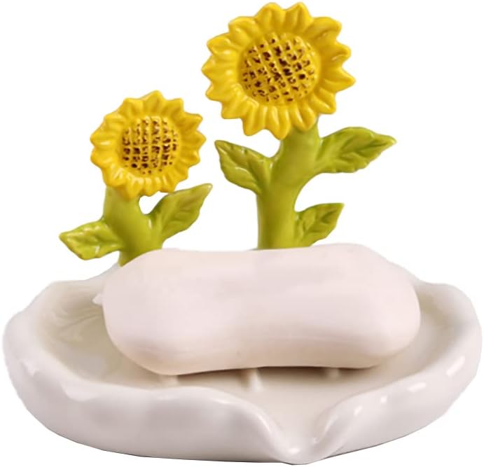 Photo 1 of WAIT FLY Lovely Flower Soap Holder Ceramic Soap Dish Self Draining Soap Holder Decorative Soap Dish-Sunflower-White