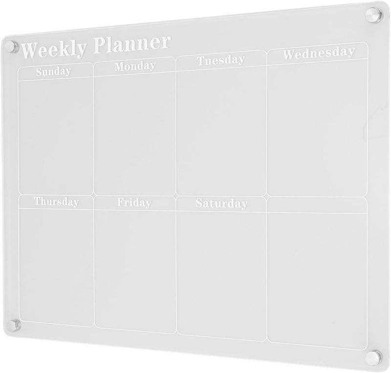 Photo 1 of White Magnetic Dry Erase Board for Fridge, Clear Acrylic Reusable Planning Board, with Marker and Eraser, Ideal as a Fridge White Board (Weekly Schedule)
