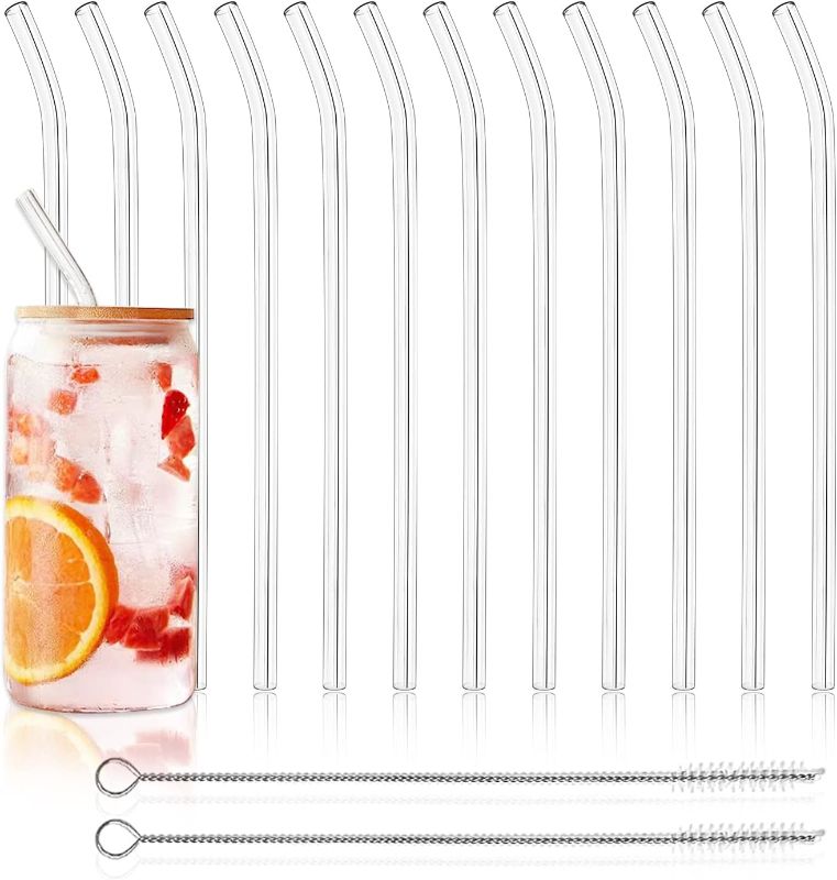 Photo 1 of 12 Pack Reusable Glass Straws - 8" x 8 MM, Bent Glass Drinking Straws with 2 Cleaning Brushes, Reusable Straws for Smoothies, Milkshake, Frozen Drinks, Tea, Juice
