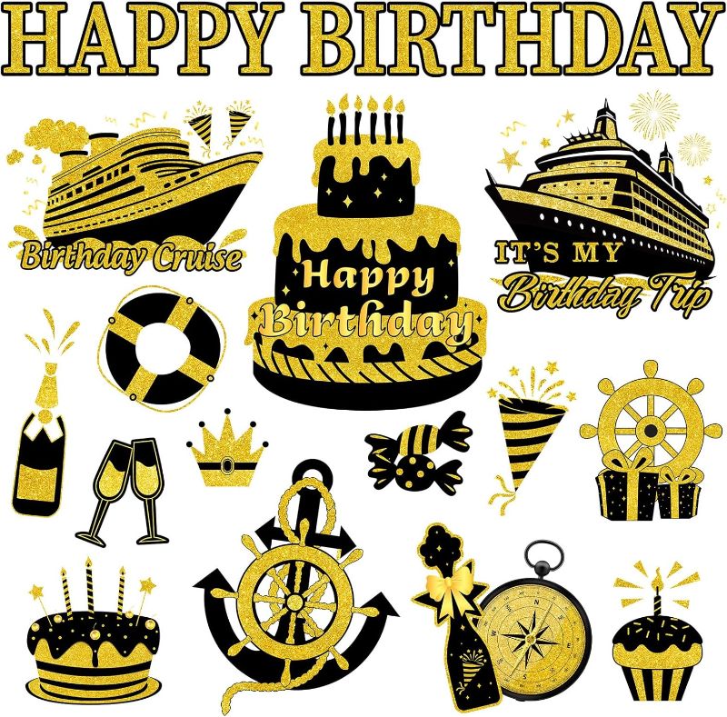 Photo 1 of *Missing Some* Birthday Cruise Door Magnets Decoration Black Gold Happy Birthday Cruise Ship Magnetic Stickers for Cabin Ship Car Refrigerator Carnival Party Supplies, 16Pcs
