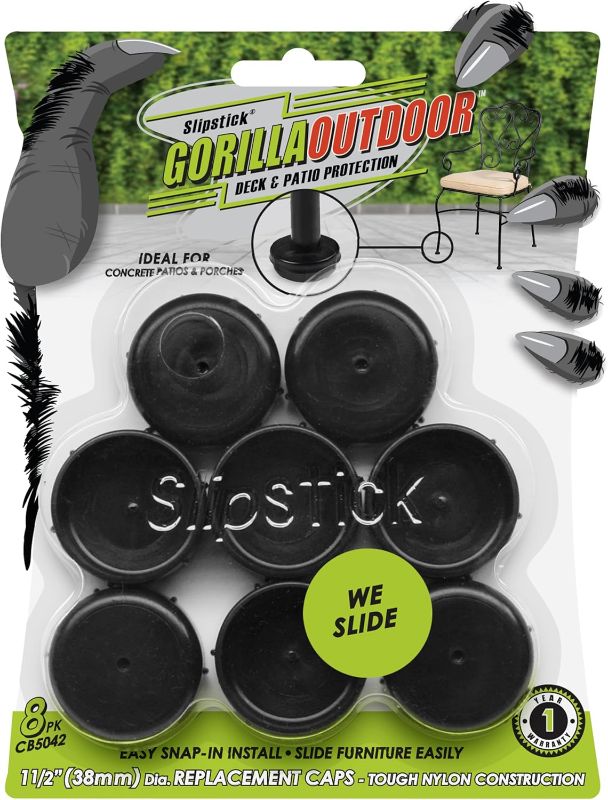 Photo 1 of Slipstick Gorilla Outdoor 1-1/2 Inch Patio Chair Leg Caps for Wrought Iron Furniture (8 Pack) Floor Protecting Replacement Feet Glides for Metal Tables and Chairs, Nylon Sliders
