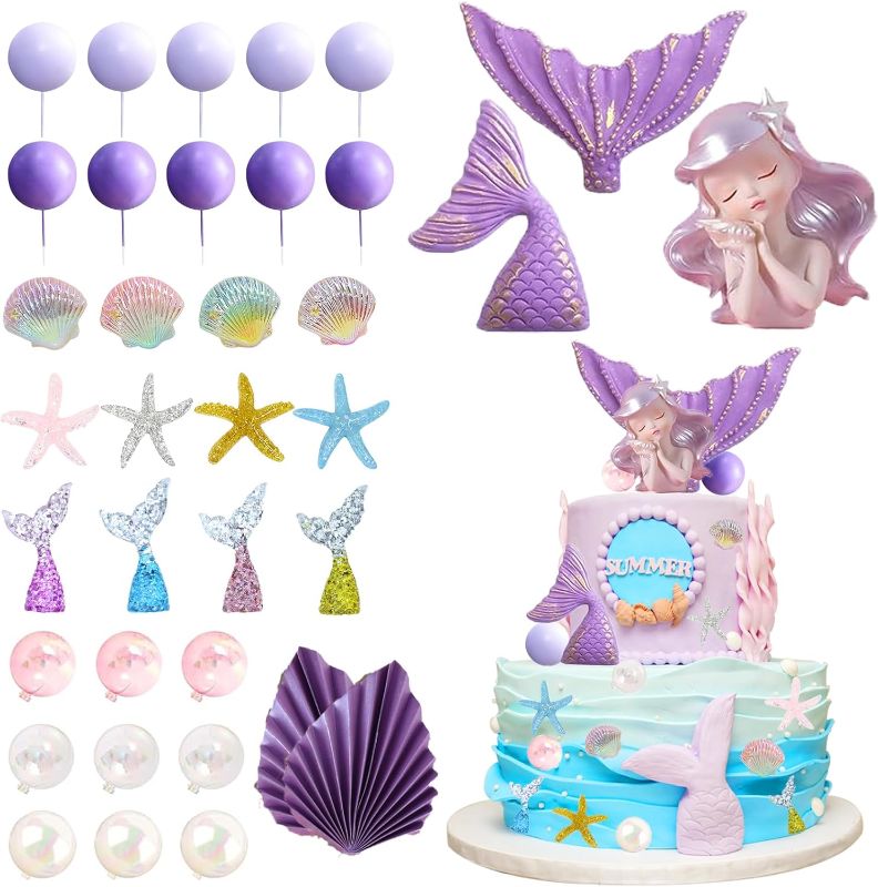 Photo 1 of 36 Pcs Mermaid Cake Topper Tail Shells Sea Star Cake Decorations Under the Sea Cake Decorations for Mermaid Theme Birthday Decorations Baby Shower
