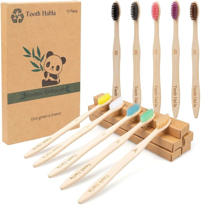 Photo 1 of Bamboo Toothbrushes, 10 Pack BPA-Free Soft Tapered Bristles, Eco-Friendly, Natural Wooden, Green Toothbrush, Organic Toothbrushes Travel Set
