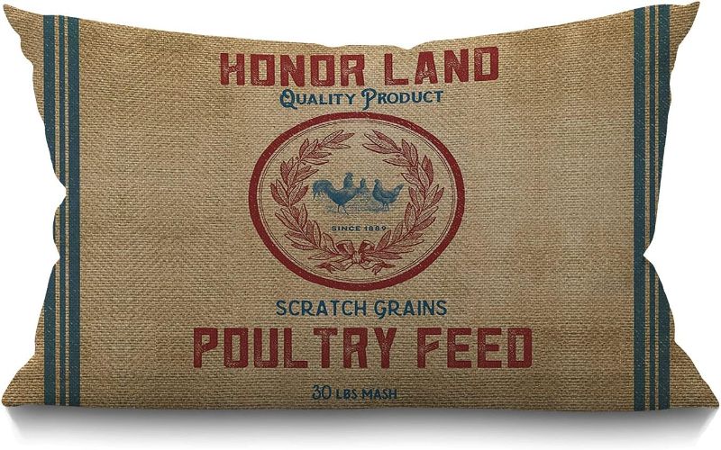 Photo 1 of Smooffly Farmhouse Pillow Case Vintage Burlap Poultry Feed Sack Lumbar Pillow Cover Home Decorative Cotton Linen Cushion Case for Sofa Couch Housewarming Gifts Family Room Décor Oblong 12x20 Inches
