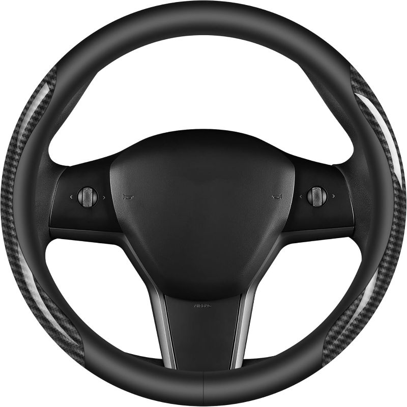 Photo 1 of Nappa Leather car Steering Wheel Cover,Carbon Fiber Sports car Interior Non-Slip Ultrathin 15 inches Universal (Black)