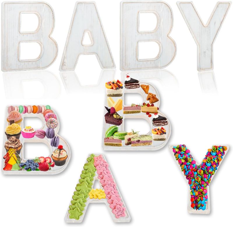 Photo 1 of 4pcs The Letters Baby Wooden Charcuterie Board, 12 Inch Larger Baby Shower Food Trays, Fillable The Letters Shaped Serving Platter for Food Snack Dessert, Perfect for Gender Reveal Party
