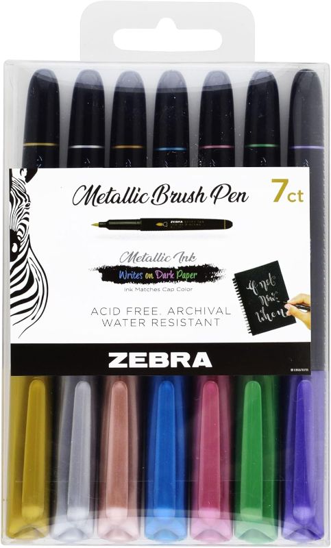 Photo 1 of Zebra Pen Metallic Brush Pen, Medium Point, Pigment Ink, Assorted Colors, 7-Pack (01607)