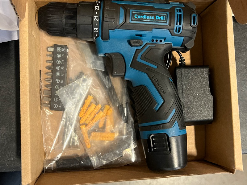 Photo 1 of Cordless Drill Set,12V Power Drill Driver 3/8" Keyless Chuck with 42 Acessories, Built-in LED Light, 25+1 Position, Electric Drill for Home DIY Projects Blue
