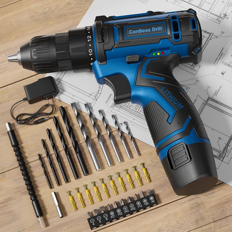 Photo 1 of Cordless Drill Set,12V Power Drill Driver 3/8" Keyless Chuck with 42 Acessories, Built-in LED Light, 25+1 Position, Electric Drill for Home DIY Projects Blue

