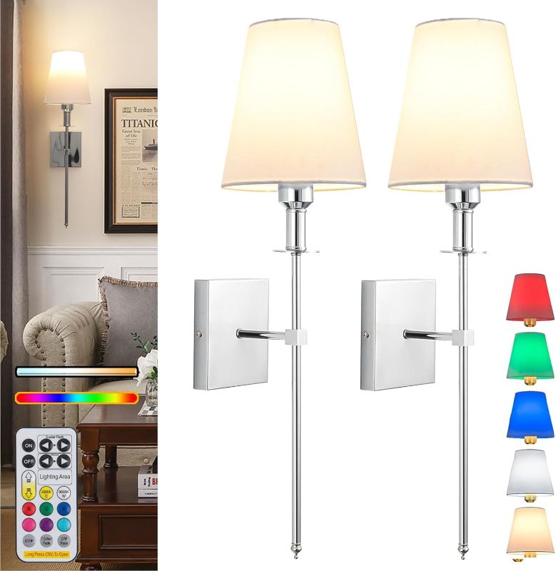Photo 1 of Wall Lights Battery Operated Wall Sconces Set Of 2?Indoor Not Hardwired Fabric Shade Fixtures,Rechargeable Wireless Wall Sconces With Dimmable Remote Control,for Bedroom,Farmhouse(Silver,28 inch)
