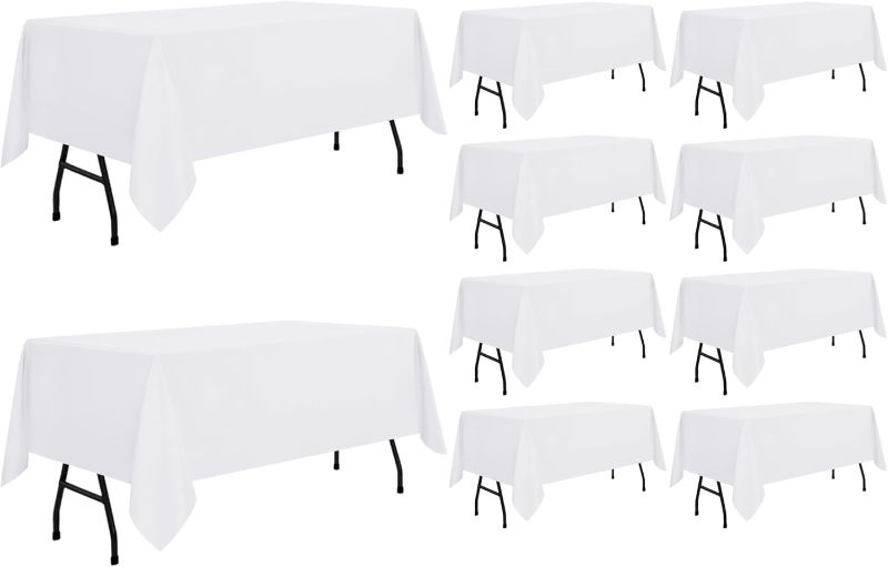 Photo 1 of  10 Pack White Tablecloth 60 x 84 Inch, Rectangle Table Cloth for 4ft Tables - Stain and Wrinkle Resistant Washable Polyester Table Cover for Dining Wedding Banquet Party Buffet Restaurant