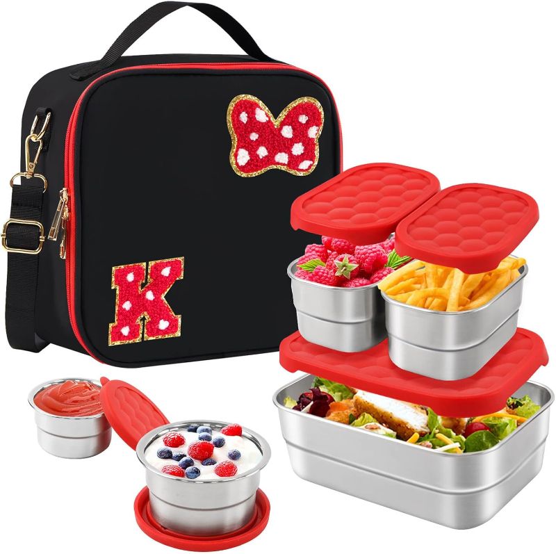 Photo 1 of Insulated Lunch Box Set, Bow Mouse Preppy Initial Lunch Bag With Stainless Steel Bento Box, Cooler Snack Food Containers Back To School Gift Girls Teens Kid Women For Picnic Park Work Travel Black Z
