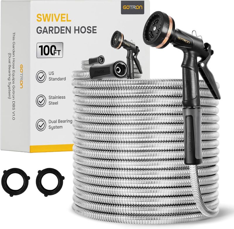 Photo 1 of Gotron Water Hose 100 ft, Heavy Duty Metal Garden Hose with 9 Function Spray Nozzle, Lightweight, Kink Free and Drinking Water Pipe for RV, Outdoor, Yard, 100ft x 5/8", Female to Male

