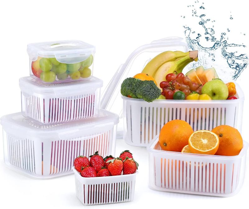 Photo 1 of LUXEAR Larger Fruit Vegetable Produce Storage Saver Containers with Lid & Colander 5 Packs BPA-Free Plastic Fresh Keeper Set | Refrigerator Fridge Organizer | for Salad Berry Lettuce Food Celery
