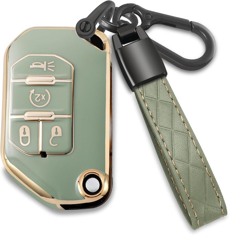 Photo 1 of Compatible with Jeep Key Fob Cover,Leather Keychain Soft TPU Protection Key Case for 2018 2019 2020 2021 2022 2023 Jeep Wrangler Gladiator JL JLU Rubicon 4 Buttons Smart Key,A Green
