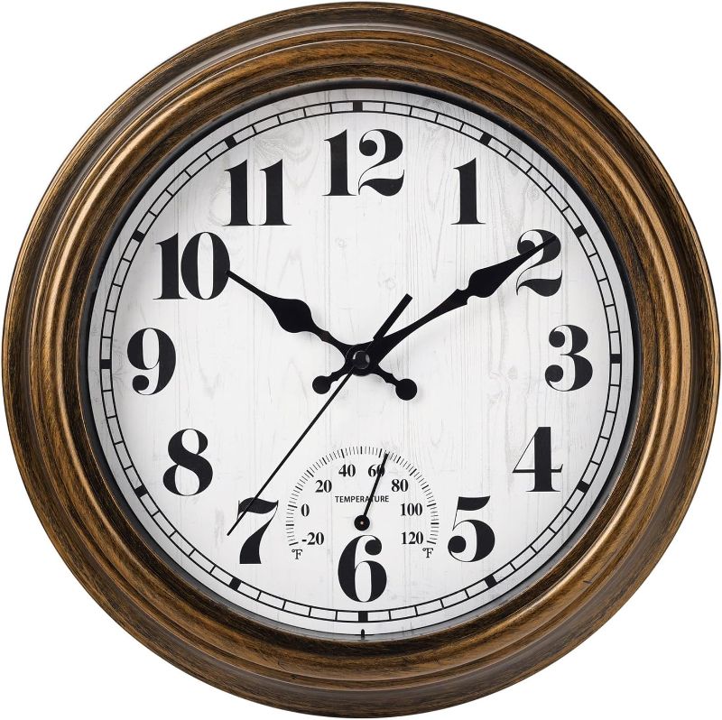 Photo 1 of 45MinST 12 Inch Indoor/Outdoor Retro Round Waterproof Wall Clock with Thermometer, Silent Non-Ticking Battery Operated Quality Quartz Wall Clock Home/Patio Decor(Bronze)
