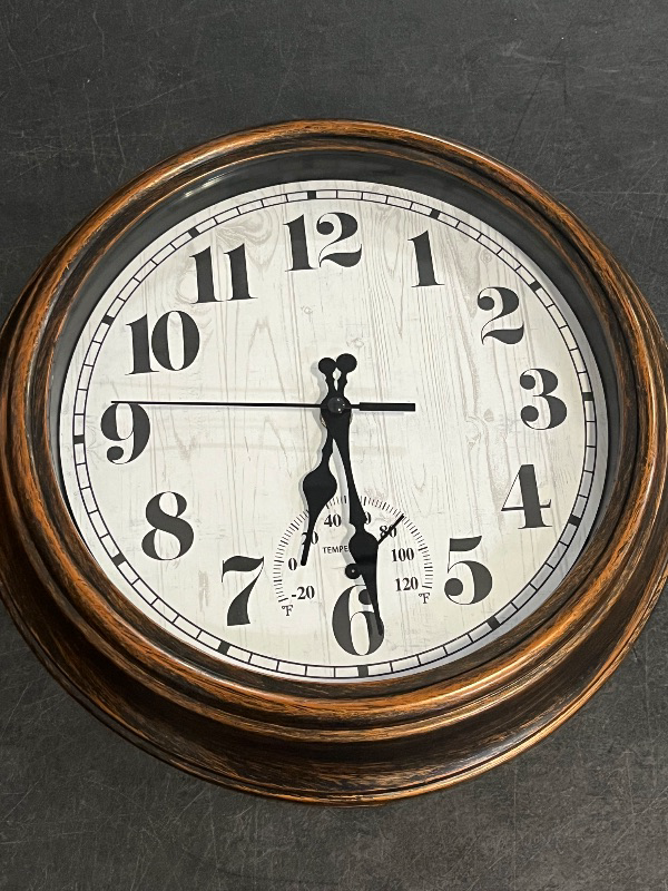 Photo 1 of 45MinST 12 Inch Indoor/Outdoor Retro Round Waterproof Wall Clock with Thermometer, Silent Non-Ticking Battery Operated Quality Quartz Wall Clock Home/Patio Decor(Bronze)
