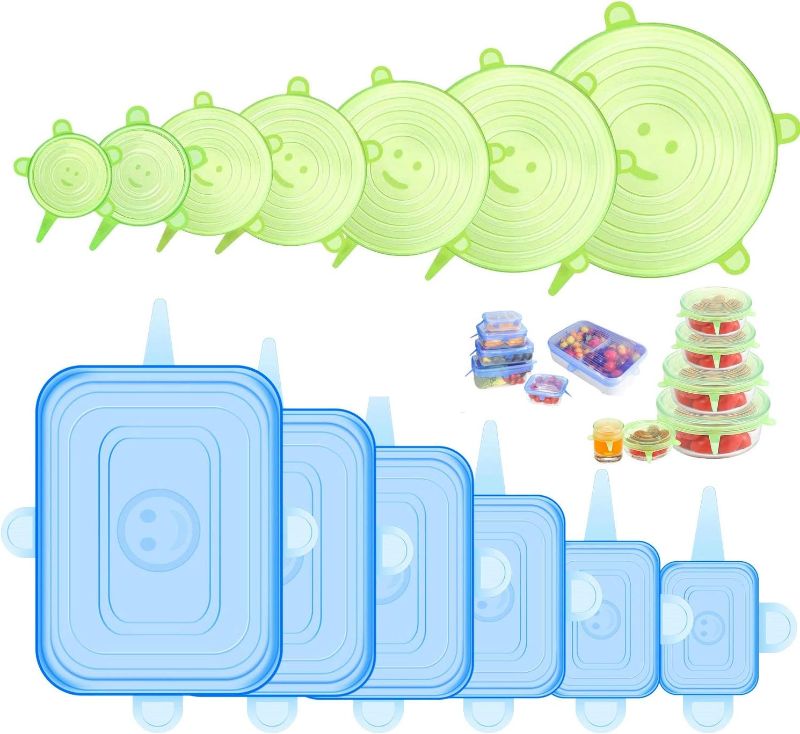 Photo 1 of Silicone Stretch Lids, 12 Pack Silicone Lids, 6 Sizes BPA-free Silicone Bowl Covers Reusable for Cups, Bowls and Dish, Flexible, Round and Rectangle Fit 2.6” - 8.2” Container, Green & Blue
