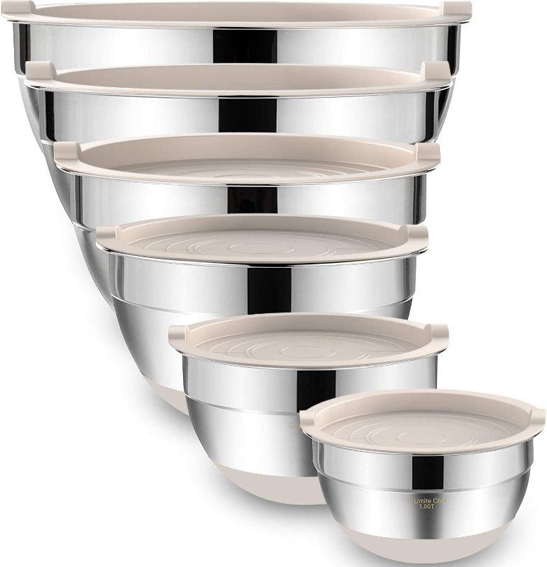 Photo 1 of Umite Chef Mixing Bowls with Airtight Lids, 6 piece Stainless Steel Metal Nesting Storage Bowls, Non-Slip Bottoms Size 7, 3.5, 2.5, 2.0,1.5, 1QT, Great for Mixing & Serving (Khaki)
