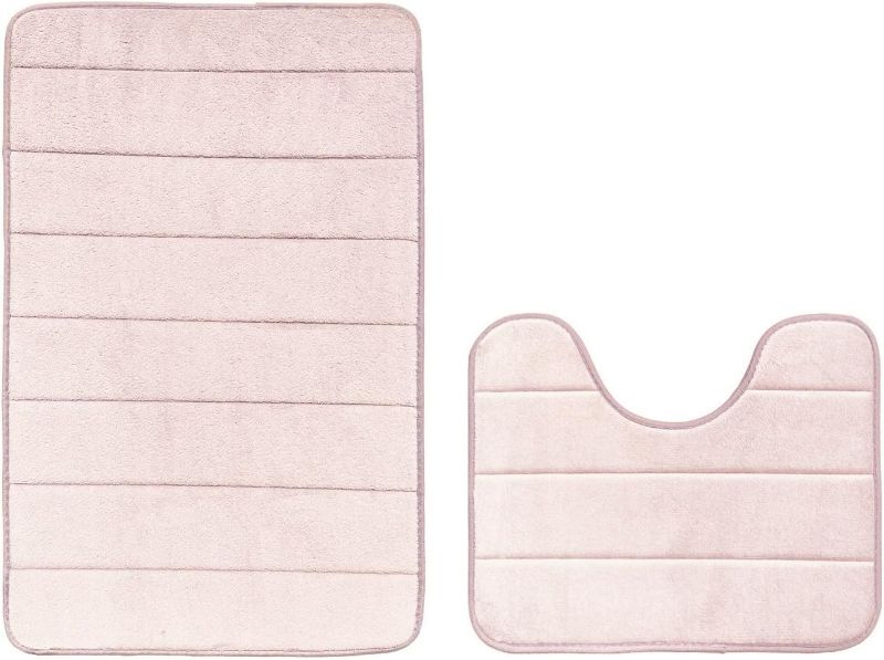 Photo 1 of Insun Bathroom Rugs Sets 2 Piece, Non Slip Absorbent Bath Rugs, Striped Velvet Memory Foam Bath Mats Light Pink 20" x 32" + U Shaped 16" x 20"
