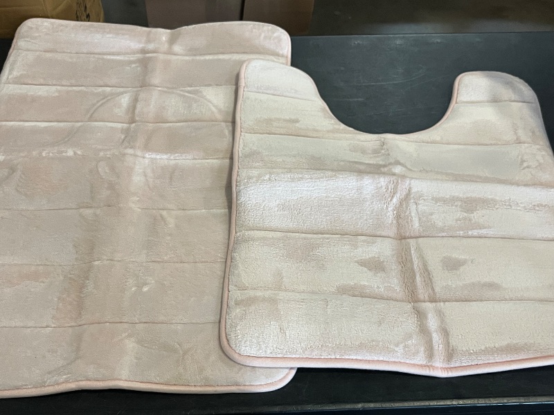 Photo 1 of Insun Bathroom Rugs Sets 2 Piece, Non Slip Absorbent Bath Rugs, Striped Velvet Memory Foam Bath Mats Light Pink 20" x 32" + U Shaped 16" x 20"
