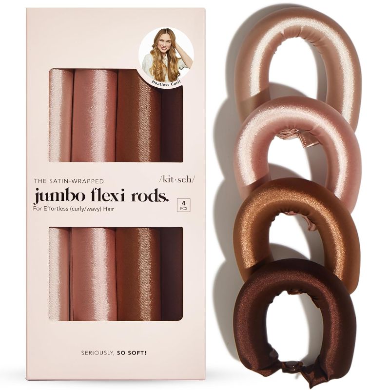 Photo 1 of Kitsch Satin Hair Curlers, Heatless Curling Rod - Jumbo Flexi Rod, Heatless Hair Curler - Hair Curlers to Sleep In - No Heat Overnight Curls - For All Hair Types and Texture - 4pcs Rosewood
