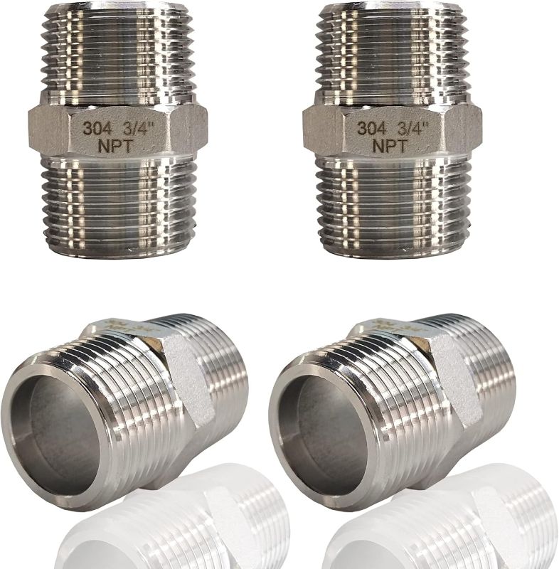 Photo 1 of 4PCS 3/4" x 3/4" NPT Male Hex Nipple Pipe Fittings, 304 Stainless Steel 3/4 inch MNPT Threaded Pipe Adapter Fittings Equal Nipples Straight Connector
