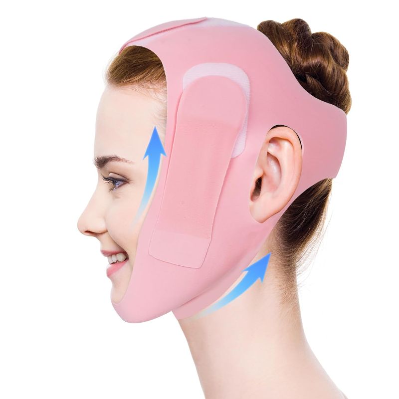 Photo 1 of V Line Lifting Mask, Soft Silicone Double Chin Reducer, Chin Strap for Sleeping - Jawline Shaper - Face Lifting Strap 23-27 Inches (Pink)
