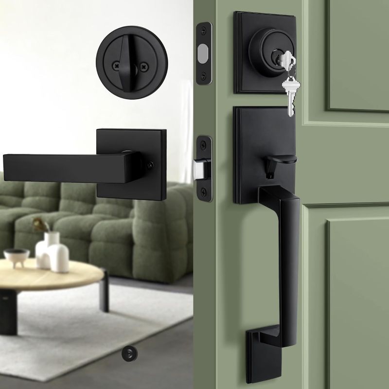 Photo 1 of Moquin Front Door Handleset, Zinc Alloy Heavy Duty Exterior Entry Handleset with Interior Reversible Lever for Left/Right Handed Doors, Matte Black
