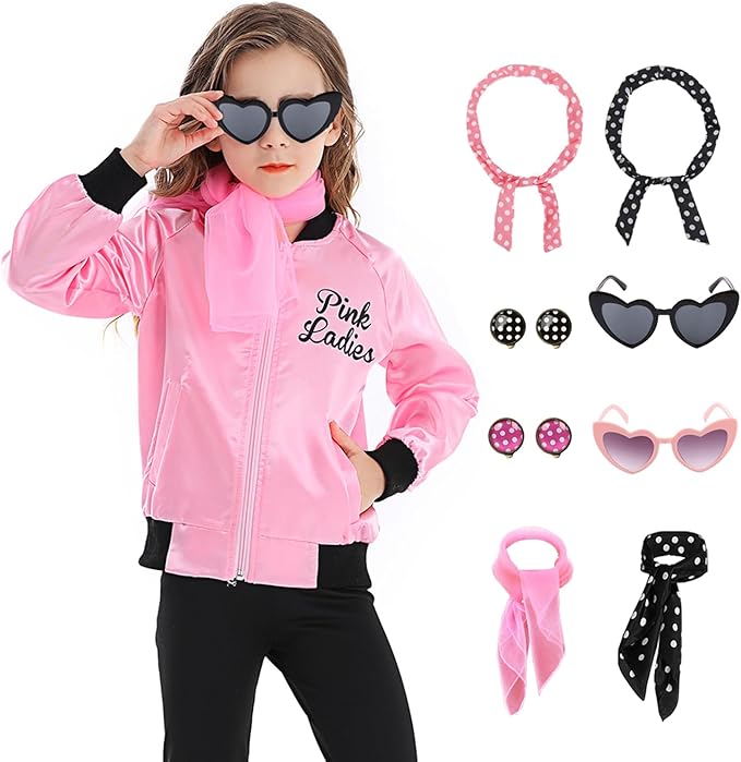 Photo 1 of *Missing Pink Headband/ Pink Scarf*
Size L 1950s Pink Ladies Girls Grease Costume Kids Satin Jacket Halloween Costumes with 10Pcs Accessories Polka Dot Scarfs
