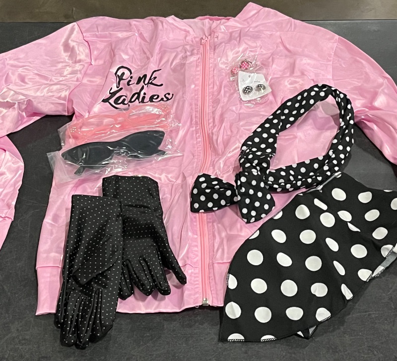 Photo 1 of *Missing Pink Headband/ Pink Scarf*
Size L 1950s Pink Ladies Girls Grease Costume Kids Satin Jacket Halloween Costumes with 10Pcs Accessories Polka Dot Scarfs
