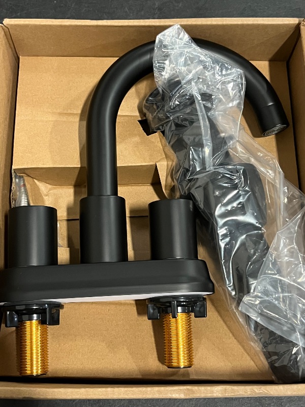 Photo 1 of Two Handle 4 inch Black Bathroom Faucet, Bathroom Sink Faucet for 3 Holes with Pop-up Drain and 2 Supply Hoses, Lead-Free
