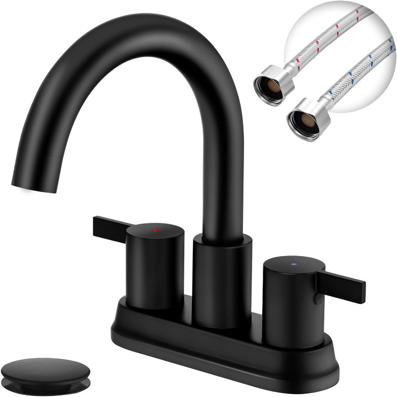 Photo 1 of Two Handle 4 inch Black Bathroom Faucet, Bathroom Sink Faucet for 3 Holes with Pop-up Drain and 2 Supply Hoses, Lead-Free
