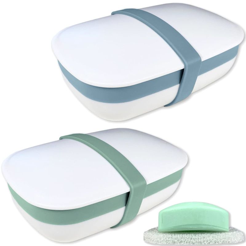 Photo 1 of 2Pack Travel Soap Holders, Soap Bar Box Dish Container Case, with Sponge Saver& Band, for Gym, Travel (Blue & Green)
