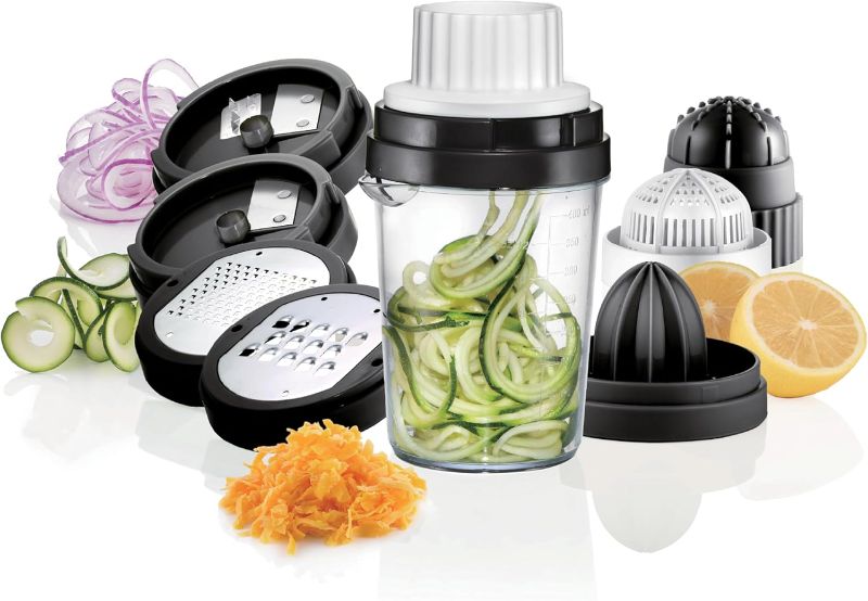 Photo 1 of Nourished Essentials 8-in-1 Spiralizer Juicer Grater Set of 9 - Compact Plastic Vegetable Noodle Maker with Stainless Steel Blades - Dishwasher Safe - Spiralizer for Veggie Noodles
