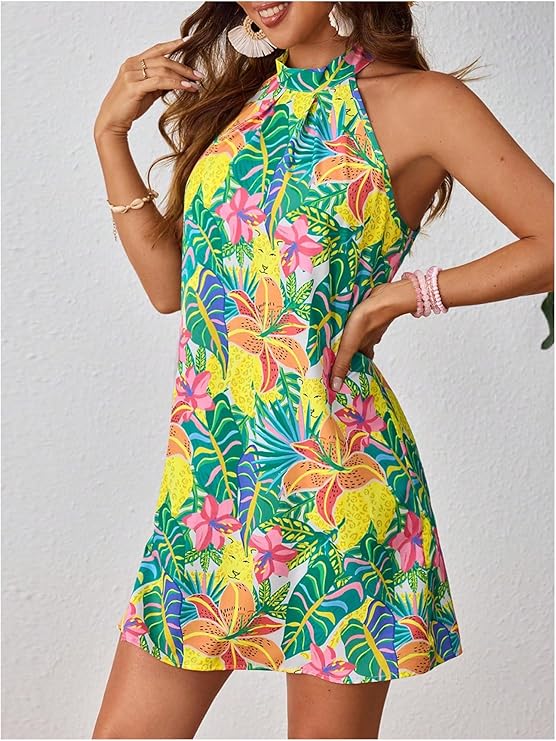 Photo 1 of (S) Floerns Women's Sleeveless Floral Print Sundress Halter Neck A Line Short Dress

