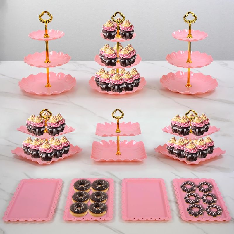 Photo 1 of Pack of 10 NWK Cake Stand Set with 3X Two-Tier and 3X Three-Tier Cupcake Stands, 4 x Appetizer Trays Perfect for Birthday Baby Bridal Shower Party (Pink)
