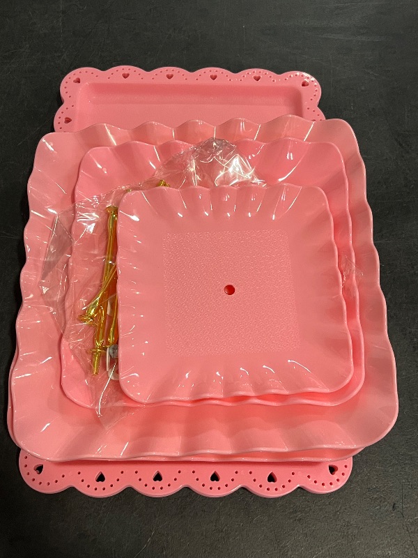 Photo 1 of Pack of 10 NWK Cake Stand Set with 3X Two-Tier and 3X Three-Tier Cupcake Stands, 4 x Appetizer Trays Perfect for Birthday Baby Bridal Shower Party (Pink)
