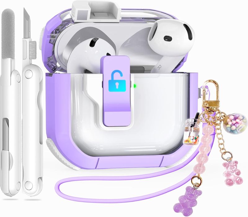 Photo 1 of 5-in-1 Case for AirPods 4 with Secure Lock, Ekoonpft Anti-Yellow Clear Cases for Apple AirPods 4th Gen 2024 for Women Girly, Soft Cover with Cleaner,Silicone Wrist Strap,Cute Candy Keychain,Carabiner
