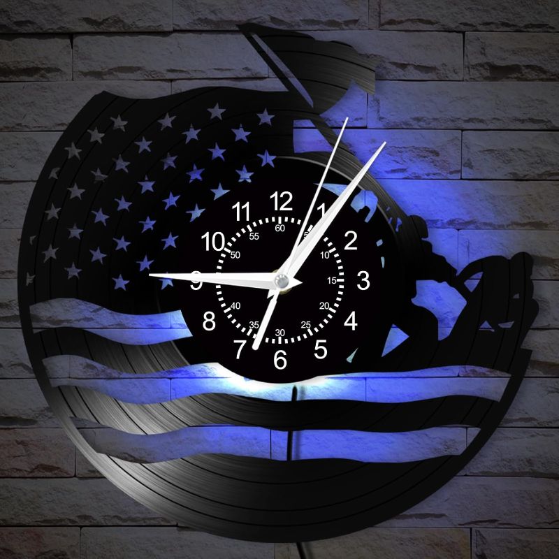 Photo 1 of USA Flag Wall Clock, 12 Inch 7 Colors Luminous Marine Corps War Memorial Wall Clock, Silent Non Ticking Modern Decorative Vinyl Record Night Light Wall Lamp Clock for Veteran Soldier Gift
