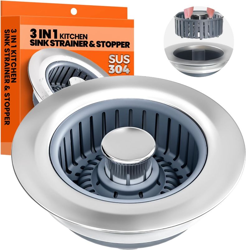 Photo 1 of Kitchen Sink Drain Strainer - Upgraded Kitchen Sink Stopper,Sink Stopper Kitchen Drain,Stainless Steel Drain Plug with Anti-Clog Basket Drain Stopper Combo,for Standard 3-1/2'' Drain,Grey
