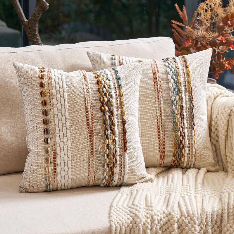 Photo 1 of Aeckself Boho Throw Pillow Covers 18x18 Inch Set of 2, Farmhouse Decorative Striped Square Pillow Covers Chenille Tufted Pillow Cases Accent Neutral Pillowcase for Living Room Couch Bed, Orange White
