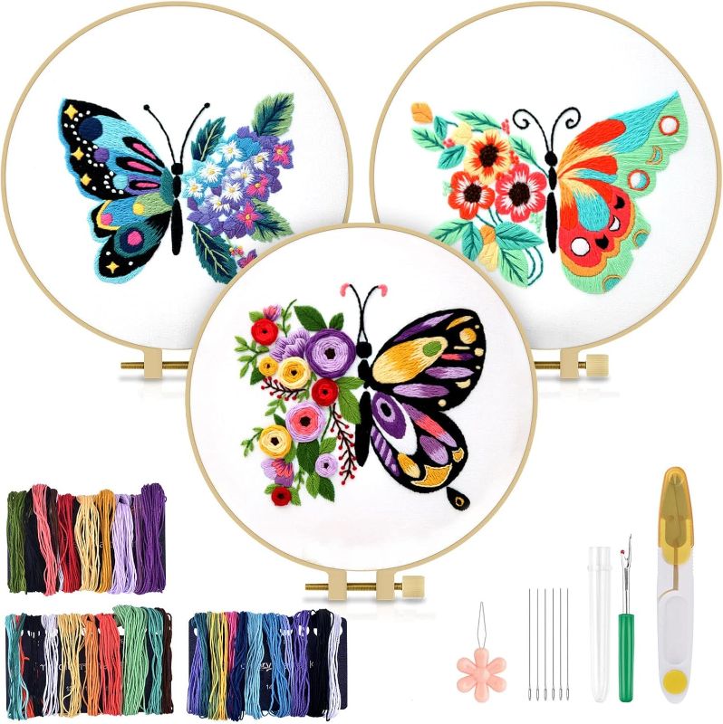 Photo 1 of *Missing One* 
TINDTOP 3 Sets Embroidery Stitch Practice kit, Butterfly Flower Embroidery Kit for Beginners Include Cloth Hoops Threads for Craft Lover Hand Stitch with Embroidery Skill Techniques
