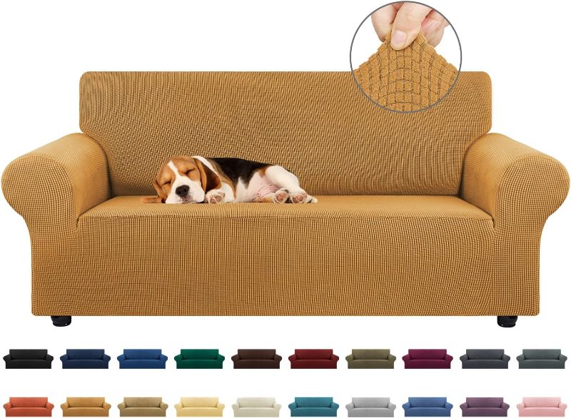 Photo 1 of KEKUOU Stretch Loveseat Sofa Cover Slipcover,Couch Covers for 2 Cushion Couch Sofa (55"-78") Furniture Protector Sofa with Elastic Bottom for Kids,Dog. Jacquard Small Checked (Medium,Golden)
